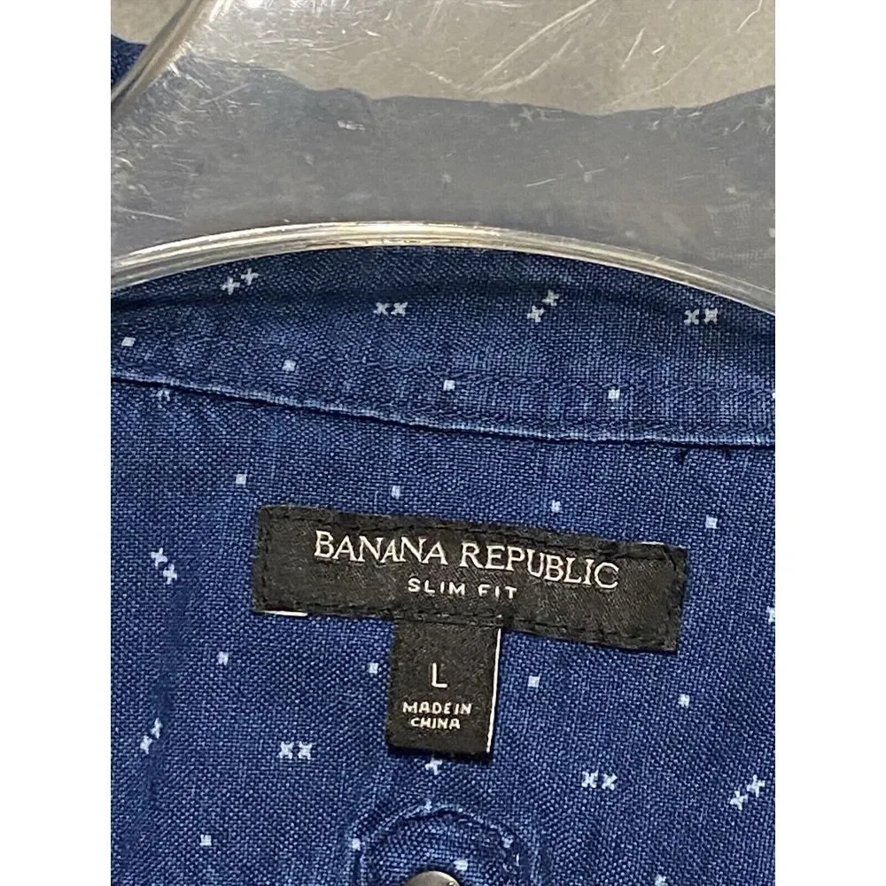 Banana Republic Men Shirt L Blue‎ AOP Slim Snap Button Up Casual Chambray Preppy